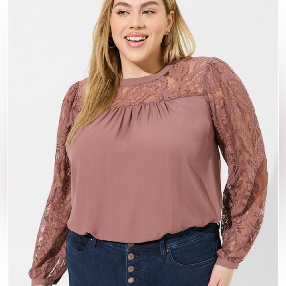 Torrid Georgette Lace Yoke Long Sleeve Blouse